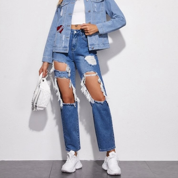 SHEIN Denim - SHEIN High Rise Ripped Mom Jeans